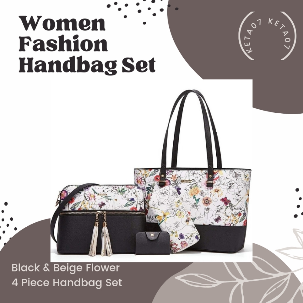 Women Fashion Handbag Set Black & Beige Floral